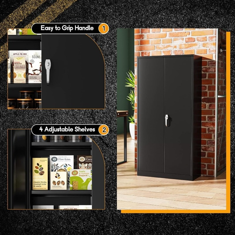 Close-up of cabinet features including Easy to Grip Handle and 4 Adjustable Shelves, with interior and exterior views